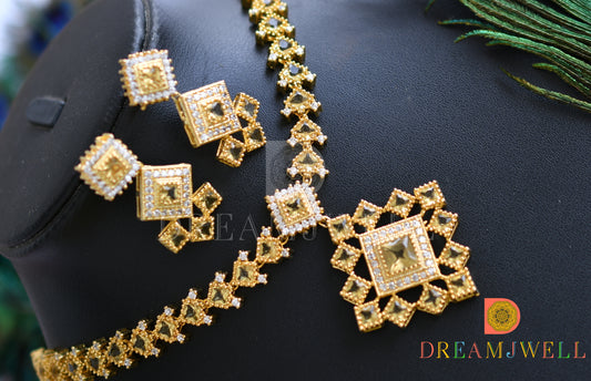 Gold Tone Cz square stone yellow necklace set dj-12380