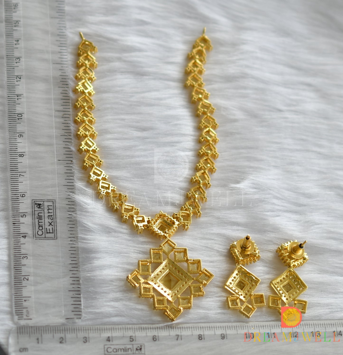 Gold Tone Cz square stone yellow necklace set dj-12380