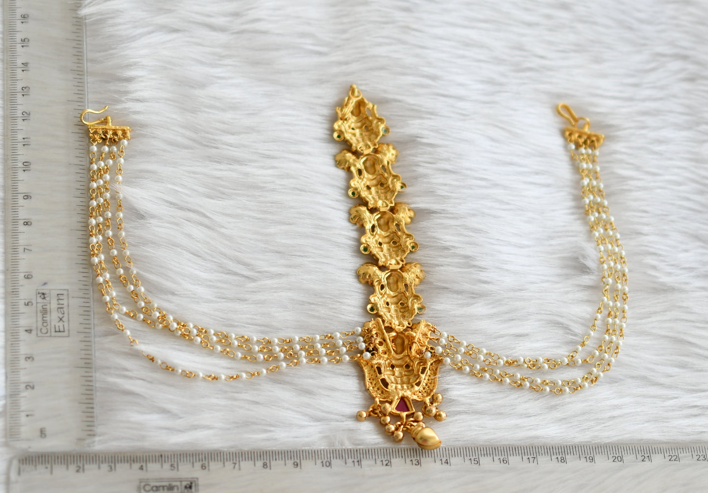 Gold tone ruby-green Lakshmi pearl chain hair accessories (hair jewel) dj-39612
