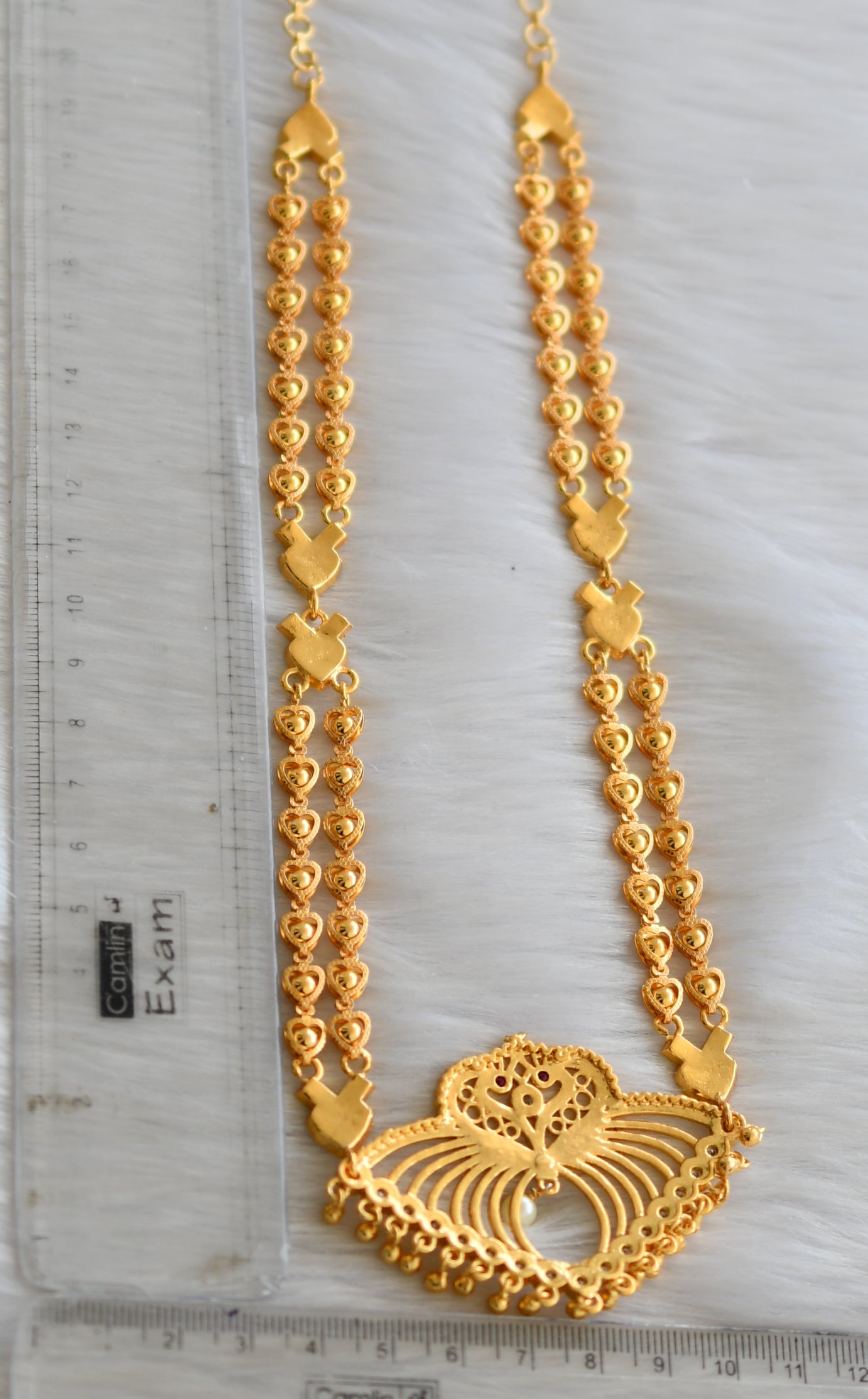 Gold tone ruby-white stone peacock pendant south Indian style short haar dj-41655