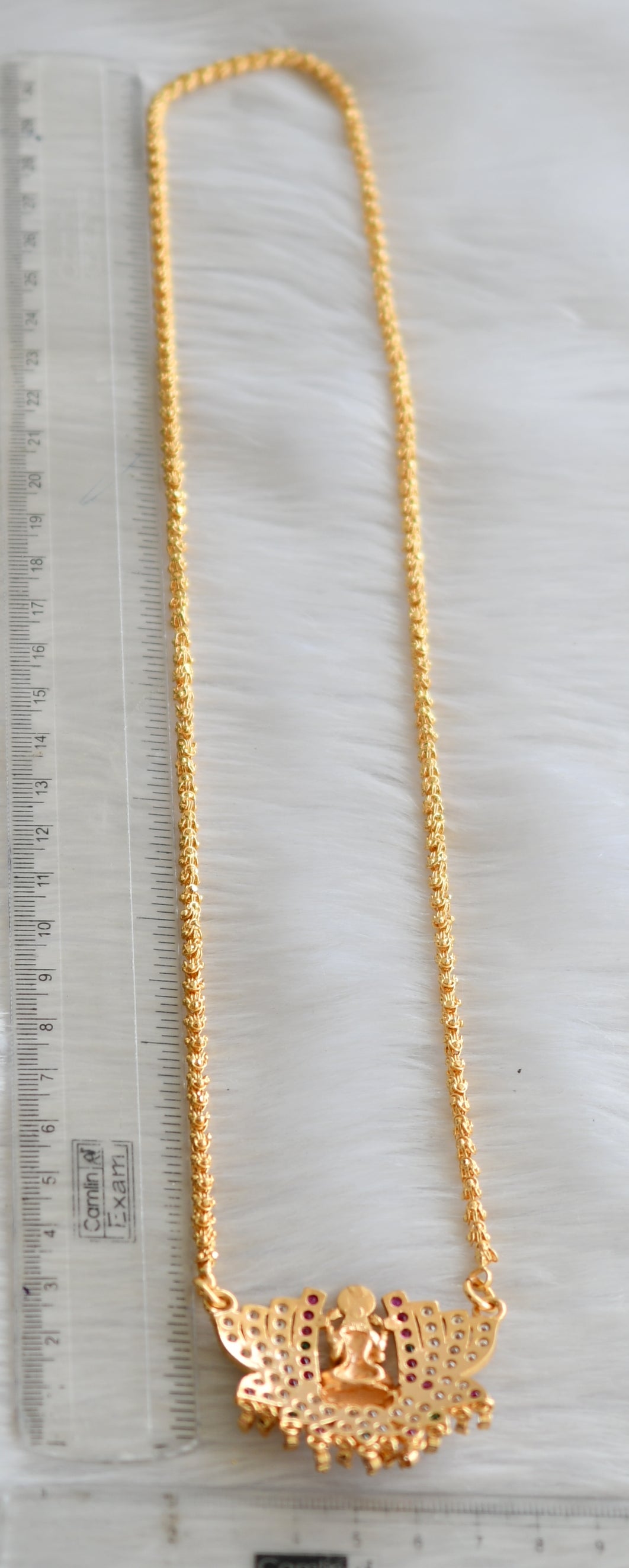 Gold tone white-ruby-green stone Lakshmi-Lotus south Indian style pendant with chain dj-41646