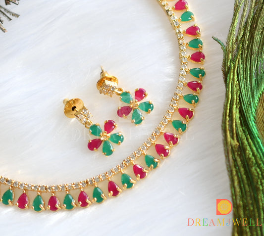 Gold tone Cz pink-green necklace set dj-12560