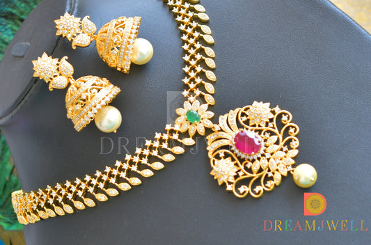 Gold tone cz ruby-emerald designer necklace set dj-07137