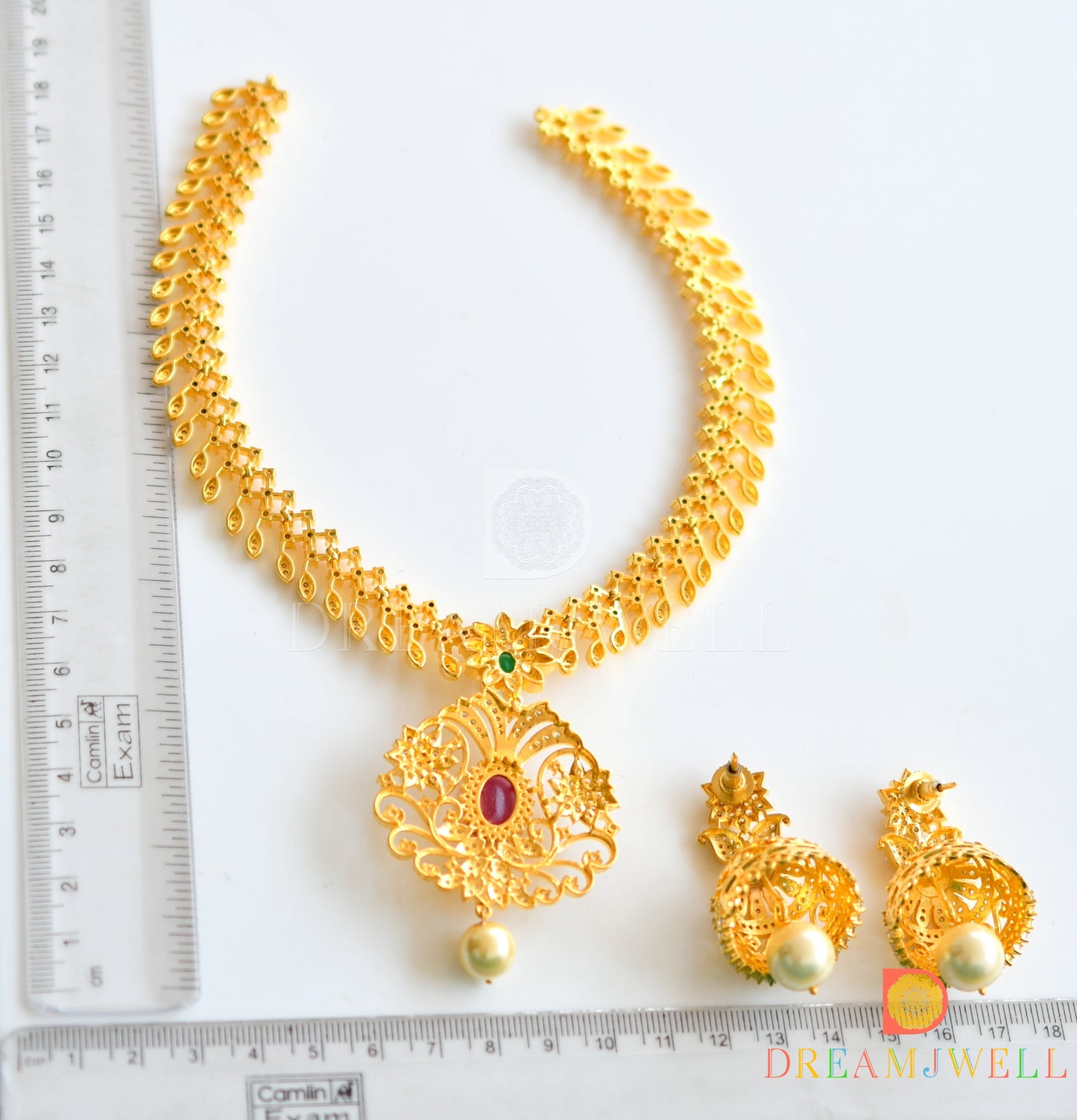 Gold tone cz ruby-emerald floral necklace set dj-07137