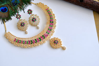 Gold tone cz ruby-emerald designer necklace set dj-05316