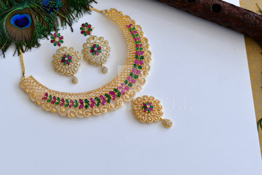 Gold tone cz ruby-emerald designer necklace set dj-05316
