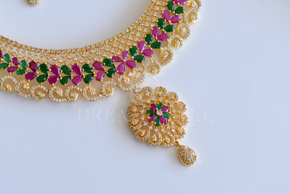 Gold tone cz ruby-emerald designer necklace set dj-05316