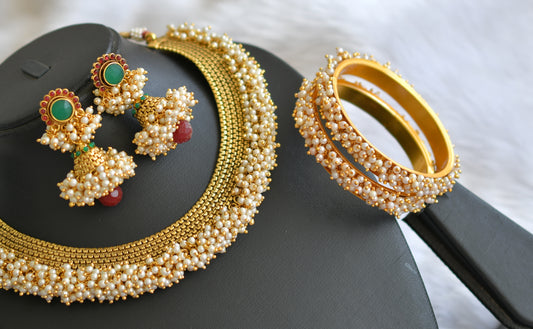 Antique kemp-green pearl cluster necklace set with bangles dj-39639