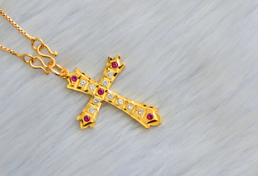 Gold tone ruby-white stone pendant with chain dj-40333