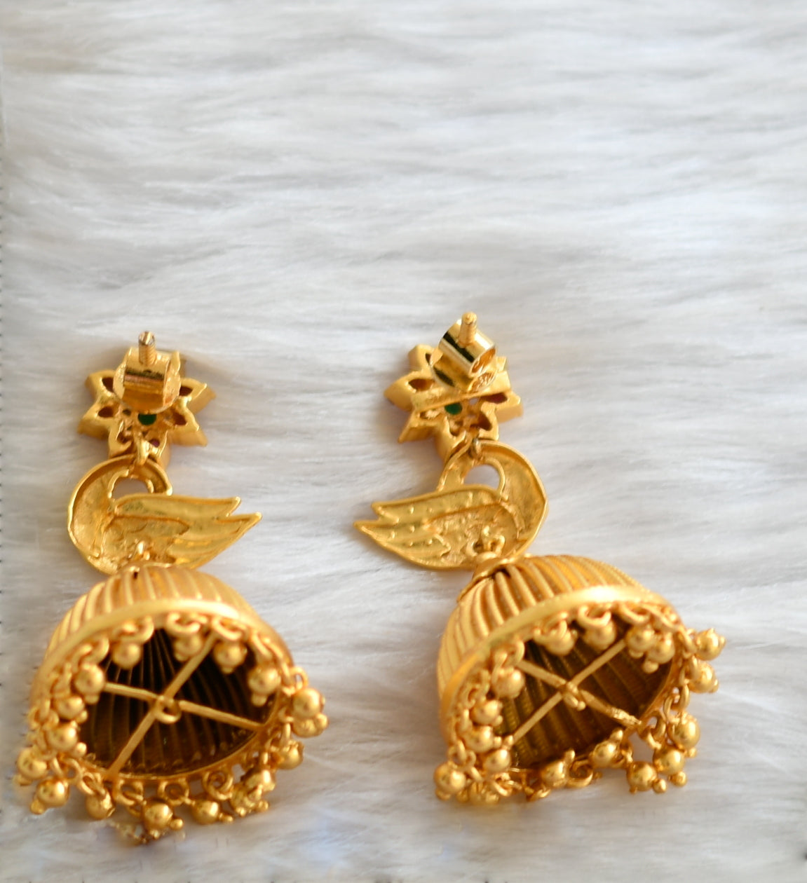 Gold tone ruby-green peacock screw back Jhumkka dj-02223