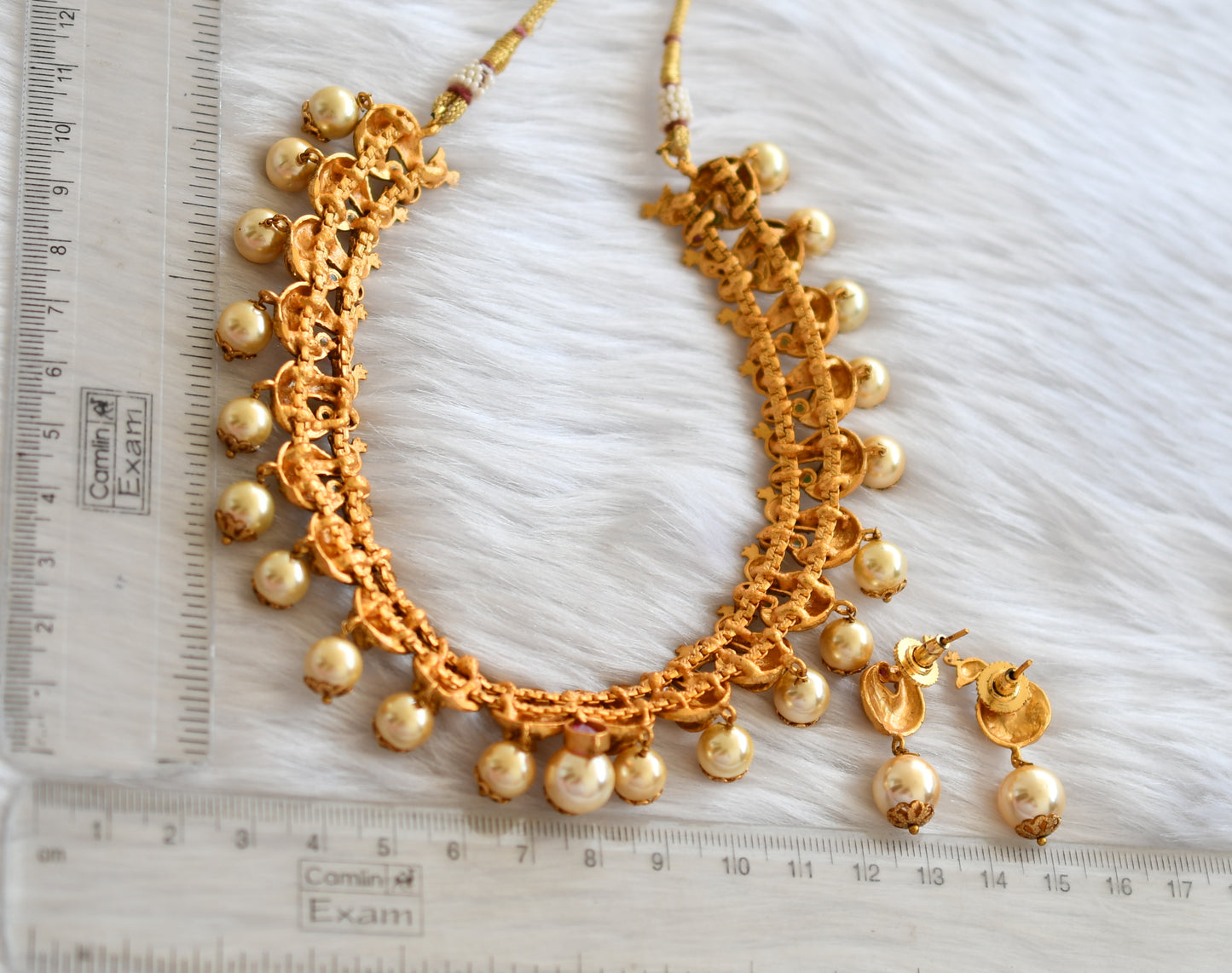 Matte finish ruby-green pearl swan necklace set dj-09246