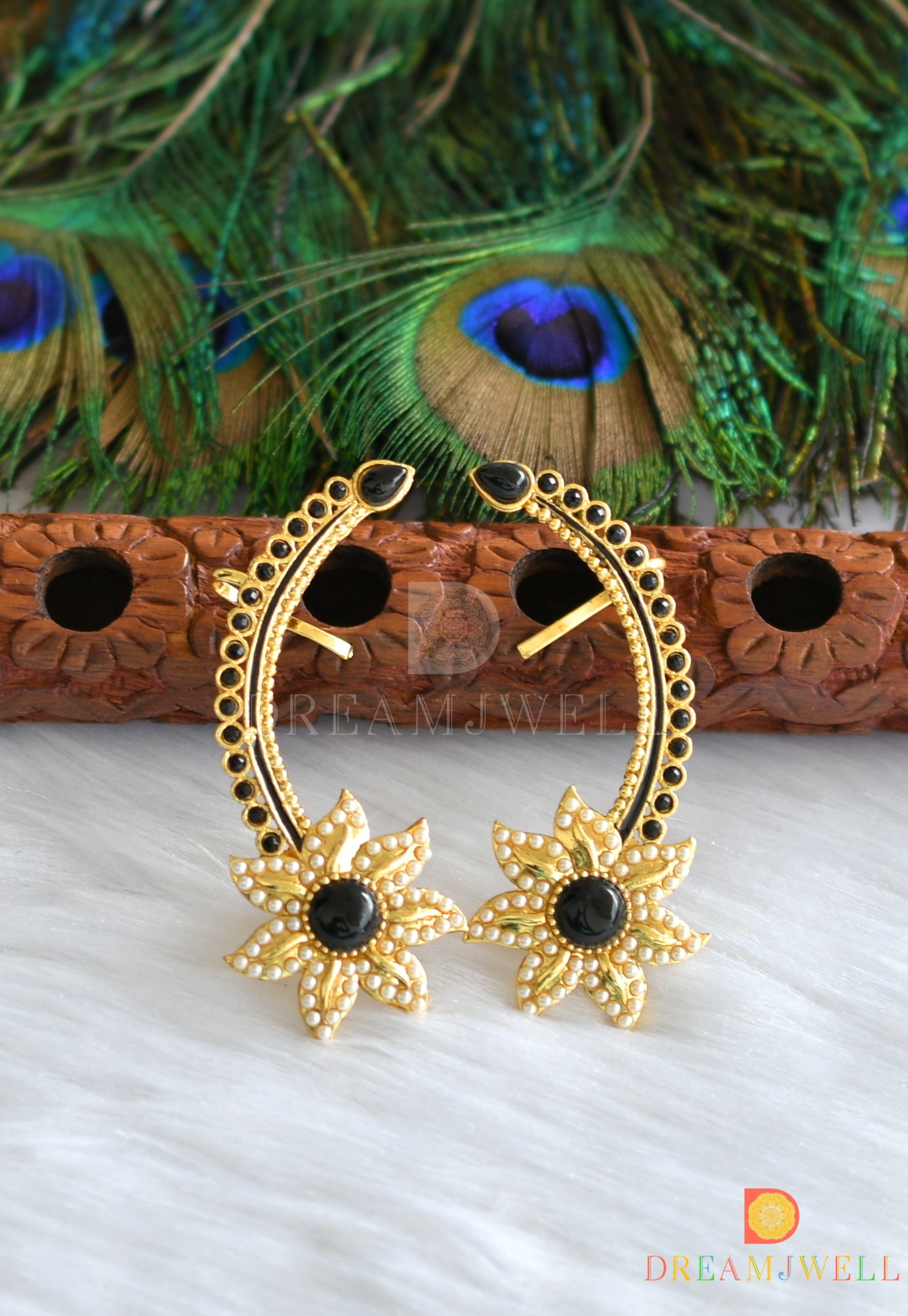 Gold tone black flower ear cuff earrings dj-01184 - Main Image