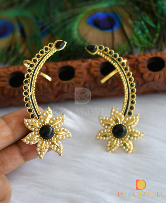 Gold tone black flower ear cuff earrings dj-01184