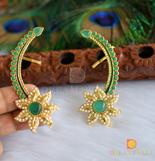 Gold tone green pearl flower ear cuff earrings dj-01186