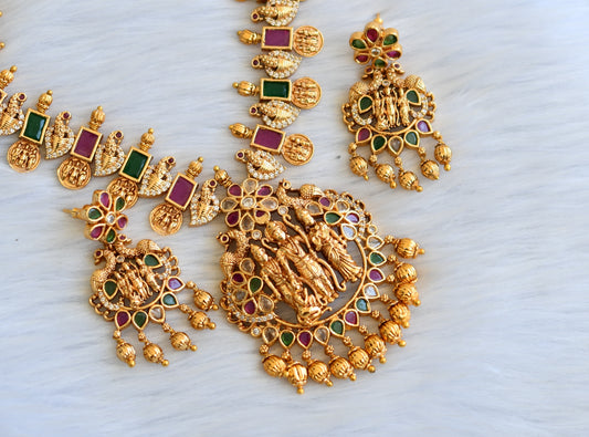 Matte finish white-ruby-emerald block stone Ram parivar peacock necklace set dj-40354
