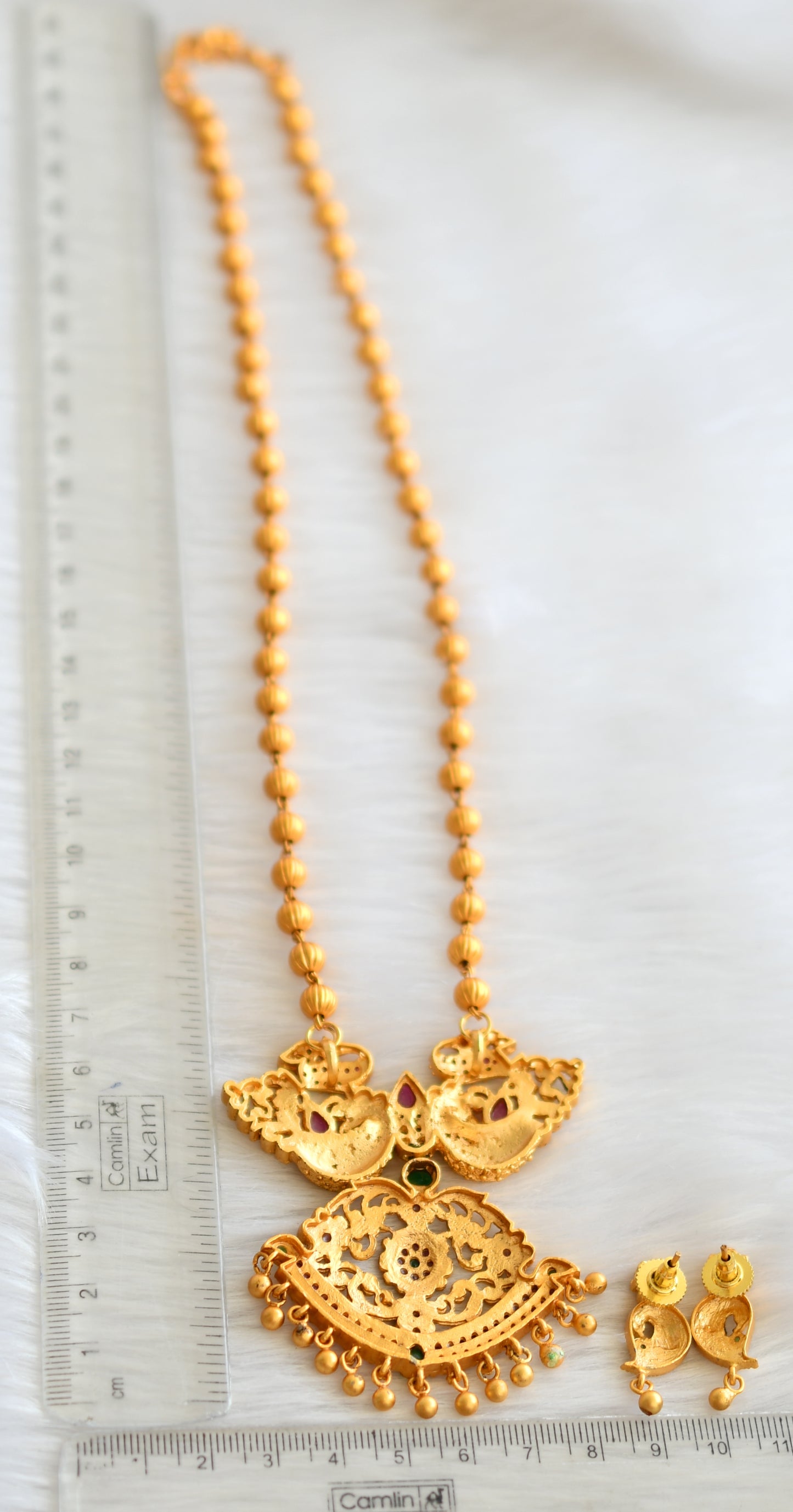 Matte finish ruby-emerald peacock necklace set dj-07146