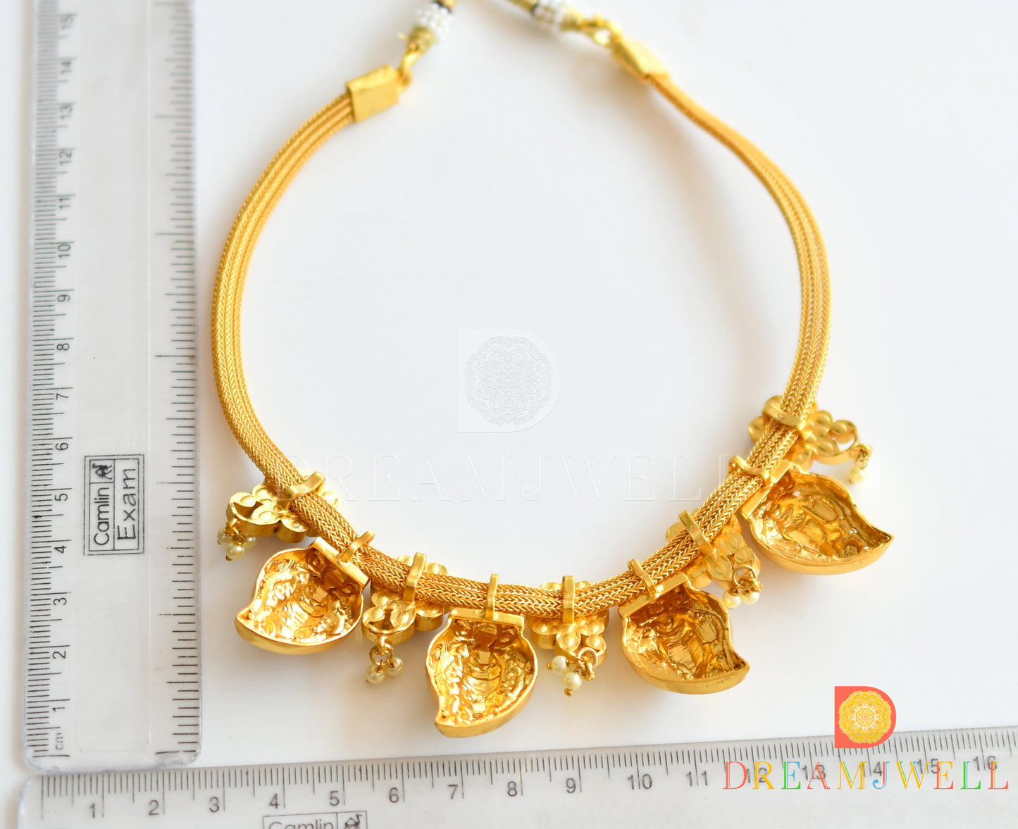 Gold tone Pink-green-white kundan jadau Ganesha mango necklace dj-36554