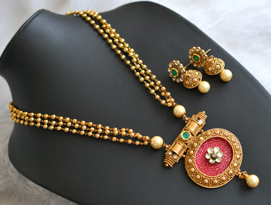 Antique gold tone transparent stone pink-green kundan necklace set dj-01629