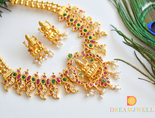 Gold Tone Ruby-emerald Lakshmi Necklace With Screw Type Earrings dj-08815