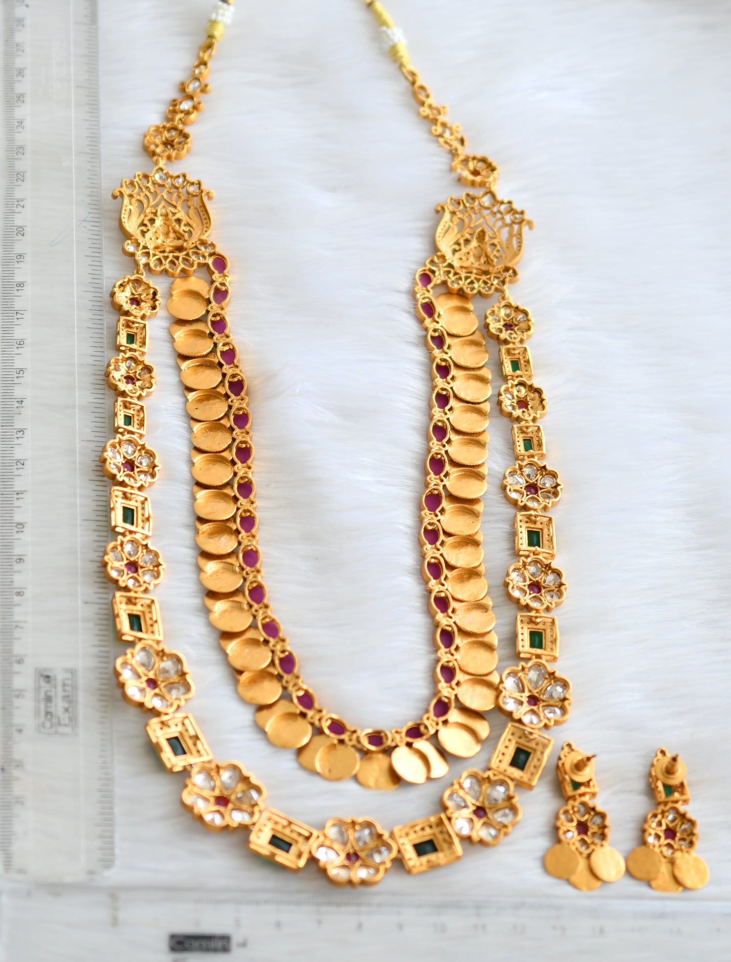 Matte finish ruby-green Lakshmi coin double layer haar set dj-30642