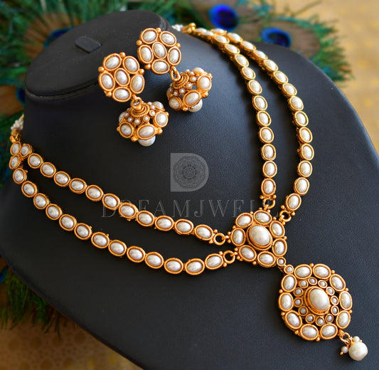 Antique gold tone double layer pearl necklace set dj-17568