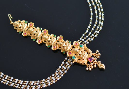 Gold tone ruby-green Lakshmi pearl chain hair accessories (hair jewel) dj-39612
