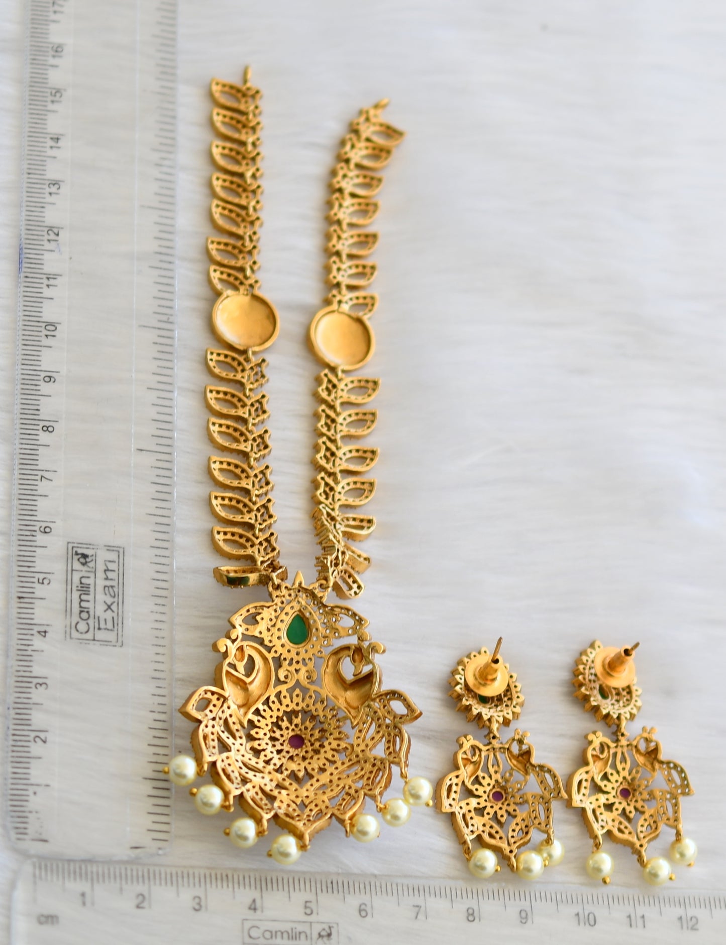 Matte finish cz ruby-green peacock necklace set dj-32597