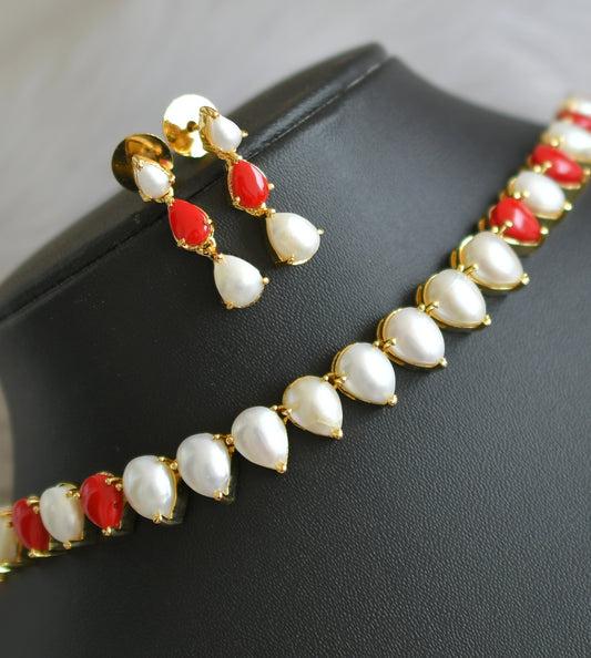 Gold tone pearl-coral stone necklace set dj-41723