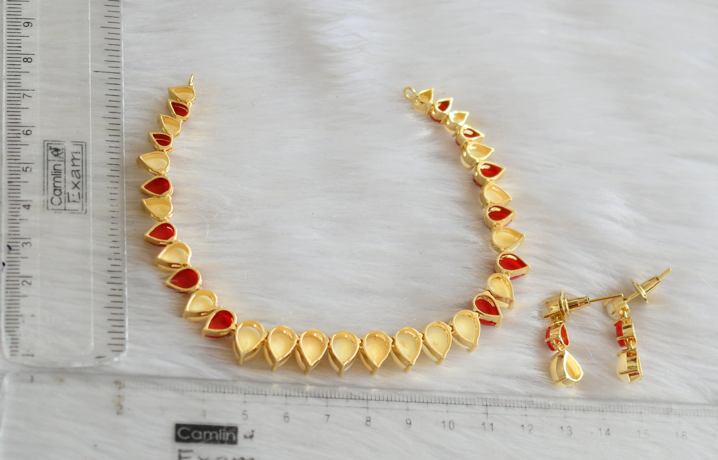 Gold tone pearl-coral stone necklace set dj-41723