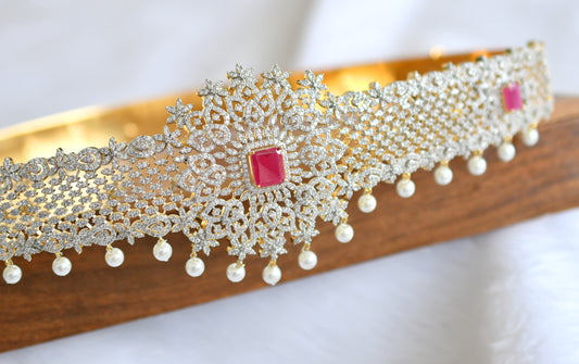 Two tone cz ruby-white pearl waist band dj-38951