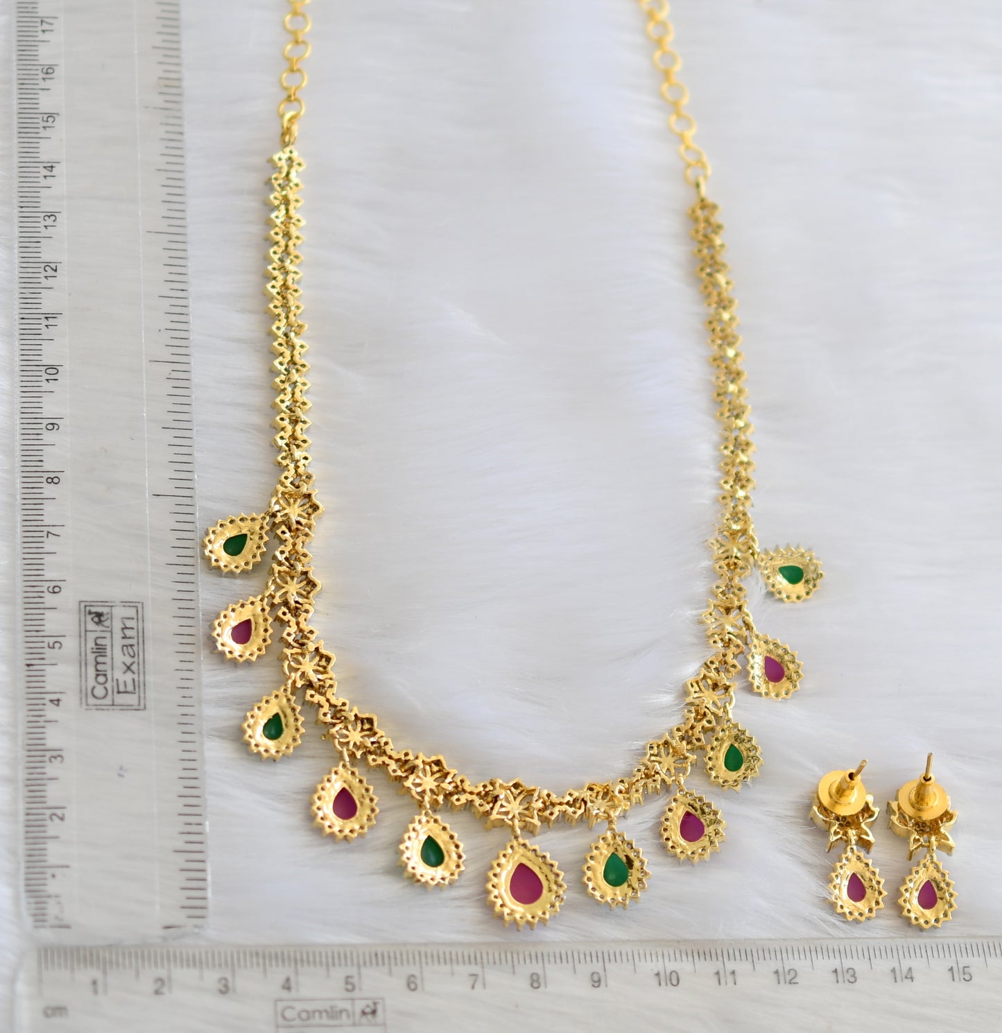 Two tone cz ruby-emerald-white necklace set dj-38955