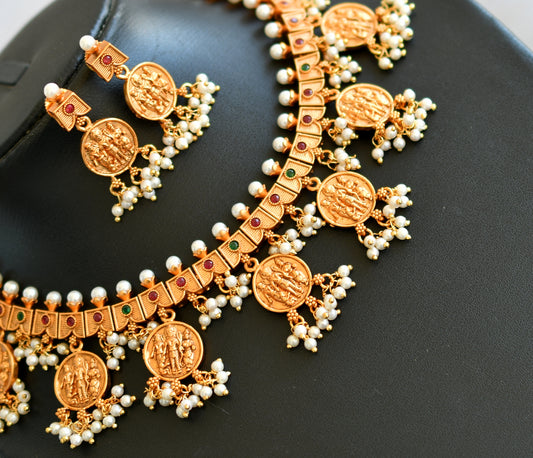 Matte finish ruby-green round Ram parivar necklace set dj-29454