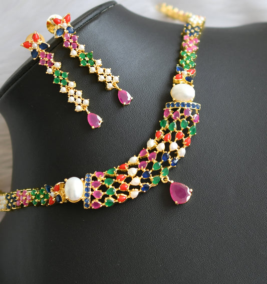 Gold tone navarathna stone necklace set dj-41726