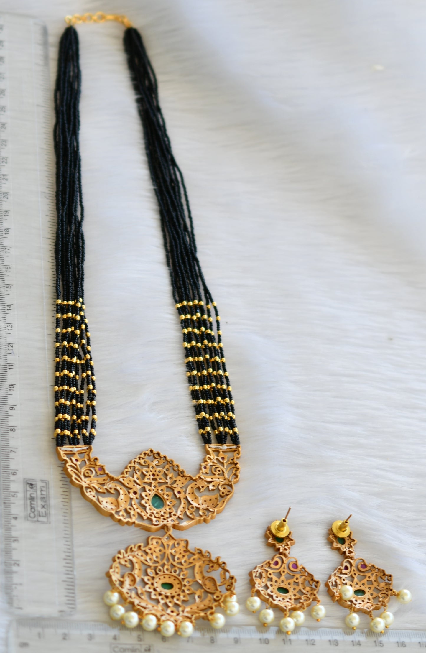 Matte finish cz ruby-green black beaded peacock haar set dj-25184