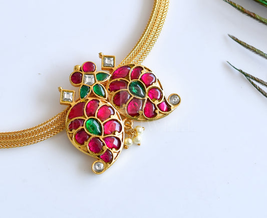 Gold tone mango red-green kundan jadau necklace dj-35889