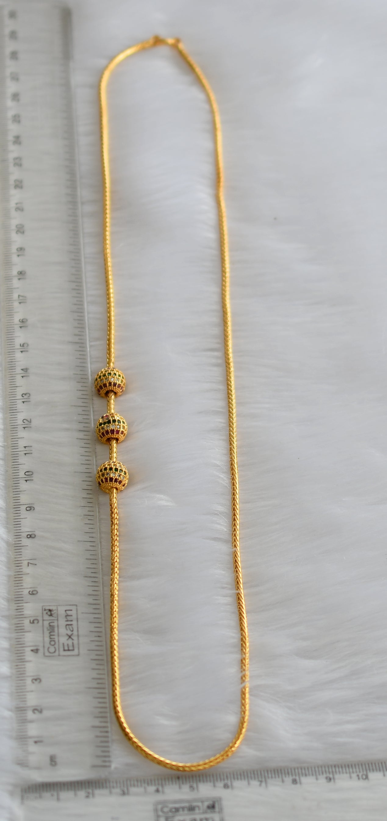 Gold tone ruby-white-green ball mugappu chain dj-38983