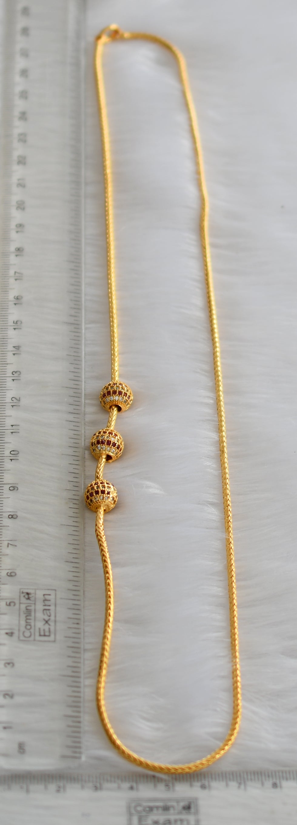 Gold tone ruby-white ball mugappu chain dj-38982