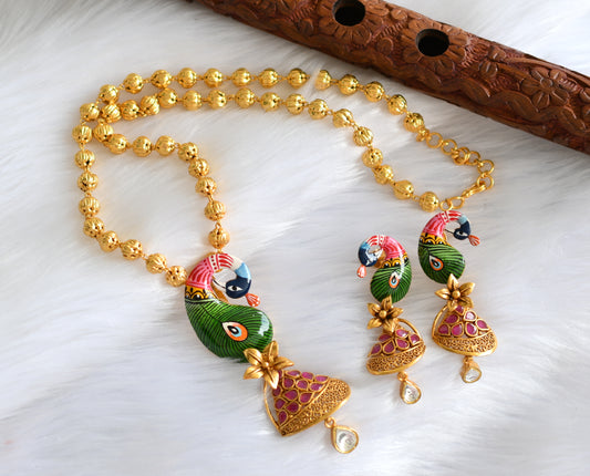 Antique Gold tone Meenakari Ruby-kundan Peacock Necklace Set dj-07383