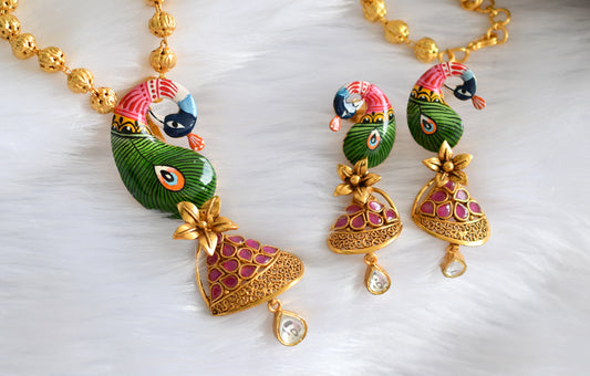 Antique Gold tone Meenakari Ruby-kundan Peacock Necklace Set dj-07383