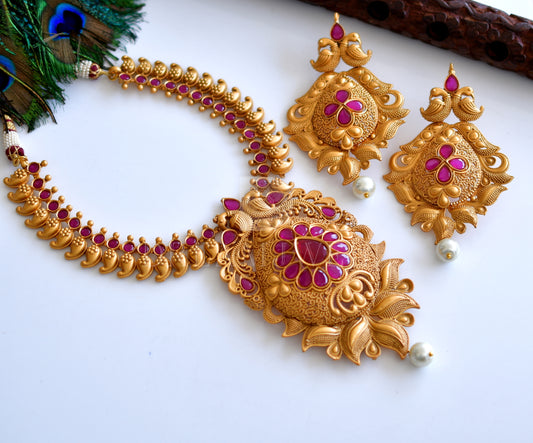 Matte finish ruby bridal necklace set dj-06498