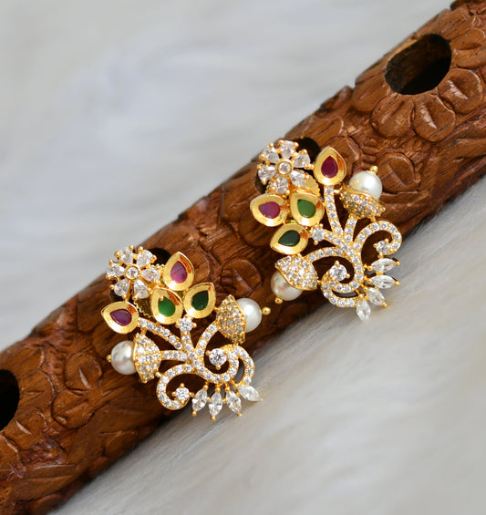 Gold tone cz ruby-green pearl flower stud/earrings dj-41681