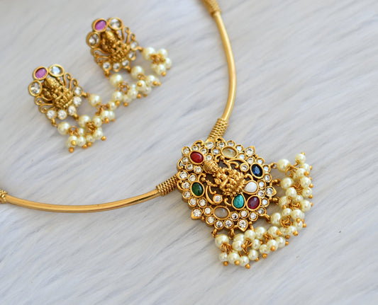 Matte finish navarathna stone Lakshmi pearl cluster hasli necklace set dj-40386