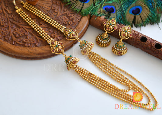 Antique Pink-green Designer Multilayer Mugappu Necklace Set dj-24439