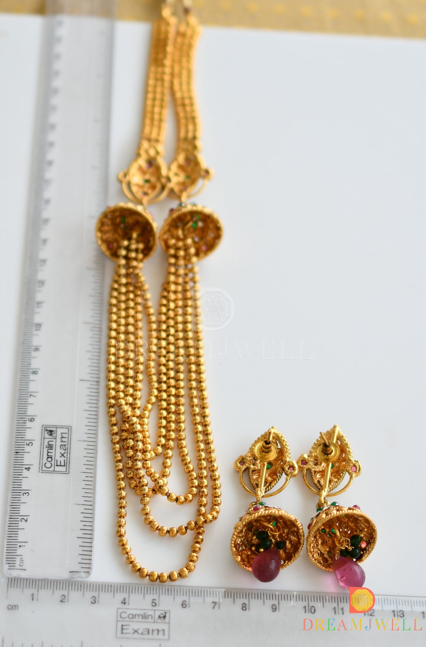 Antique Pink-green Designer Multilayer Mugappu Necklace Set dj-24439