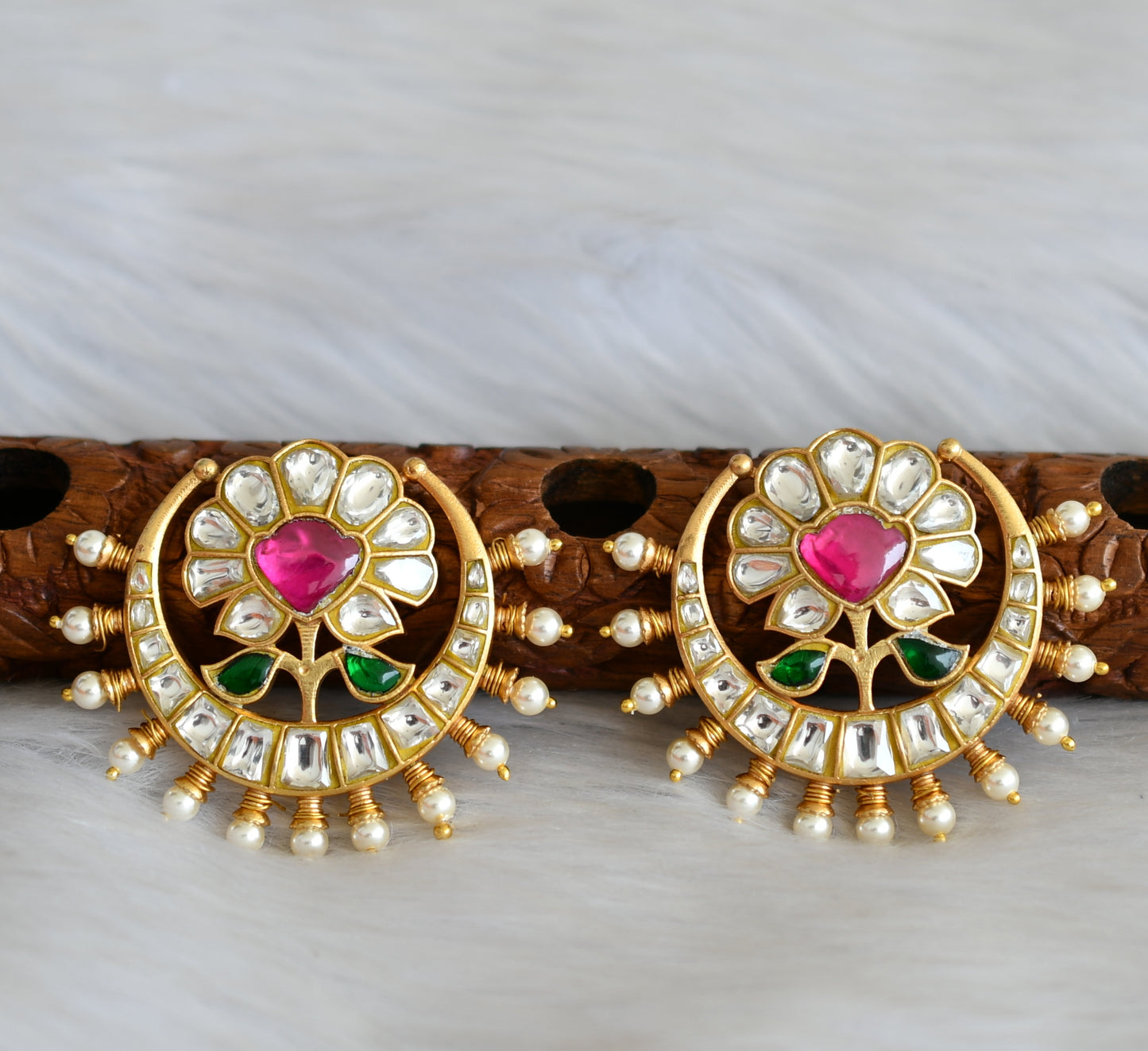 Gold tone pink-white-green flower kundan jadau pearl moon earrings dj-41683