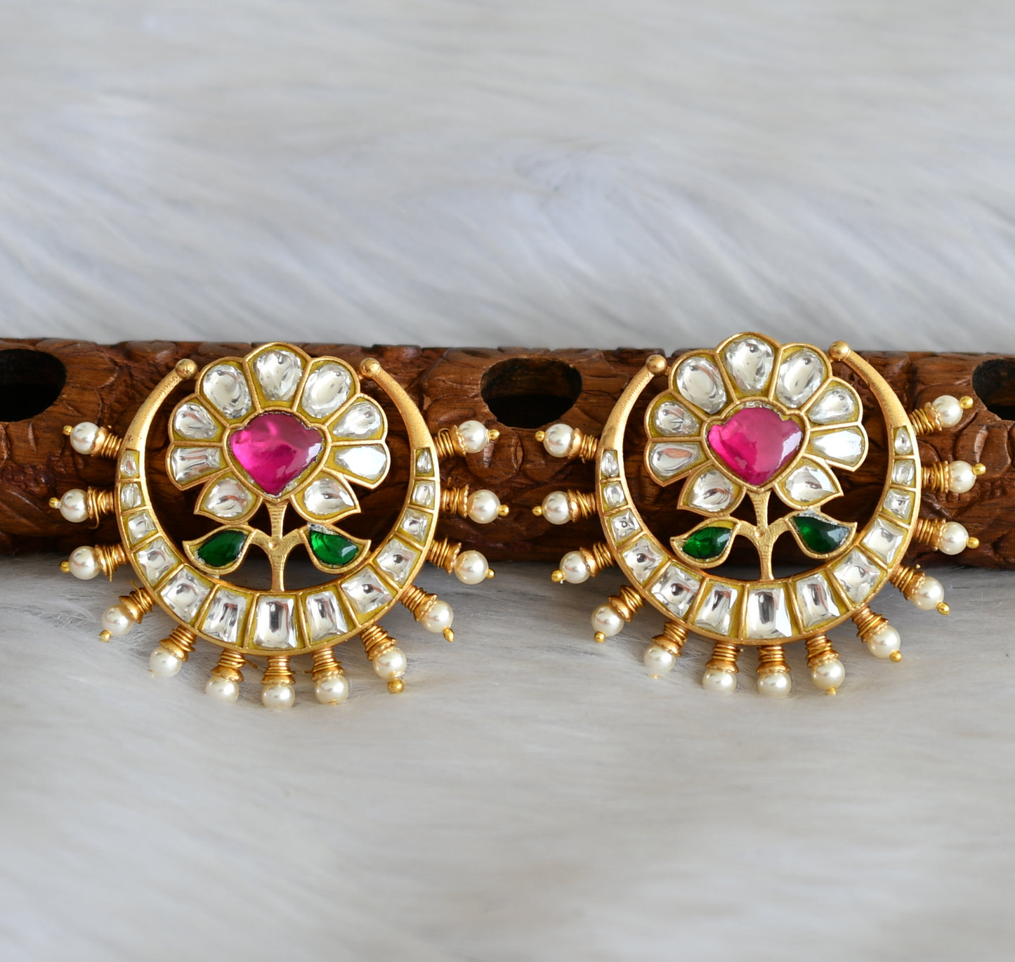 Gold tone pink-white-green Rose kundan jadau pearl earrings dj-41683