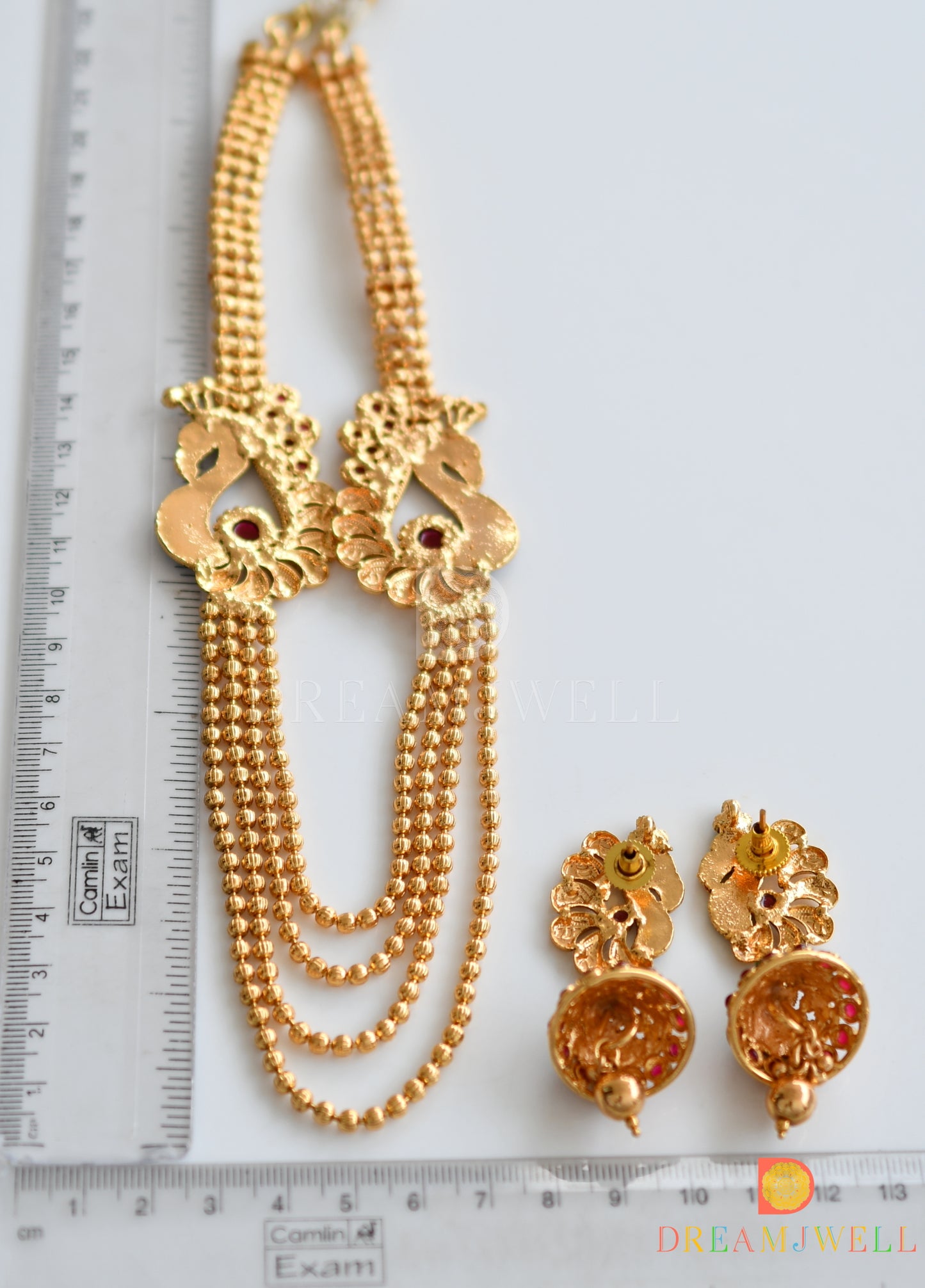 Antique Peacock Kemp-green Multilayer Mugappu Designer Necklace Set dj-24441