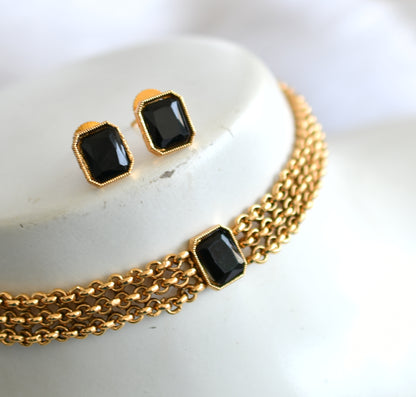 Antique gold black block stone choker necklace set dj-39685