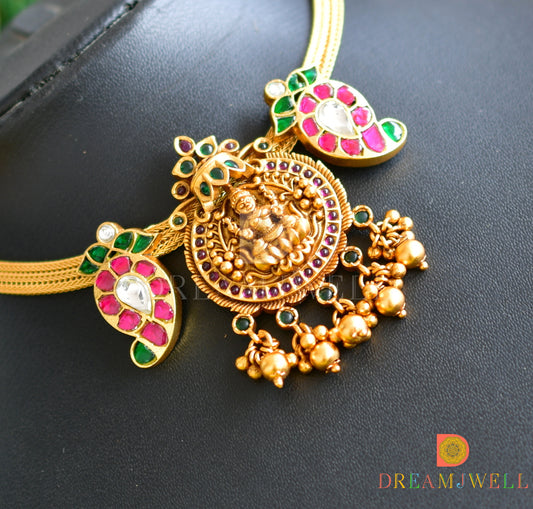 Antique gold pink-green-white kundan jadau Lakshmi-mango necklace dj-36590