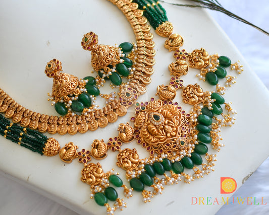 Matte finish cz white-kemp-green swan-Lakshmi coin double layer short haar set dj-38124